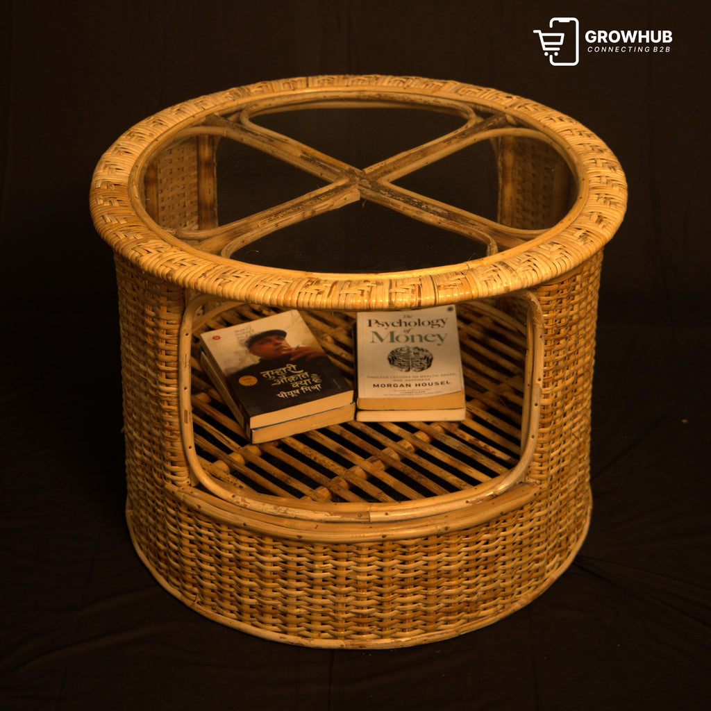 WOVEN RATTAN DRUM TABLE
